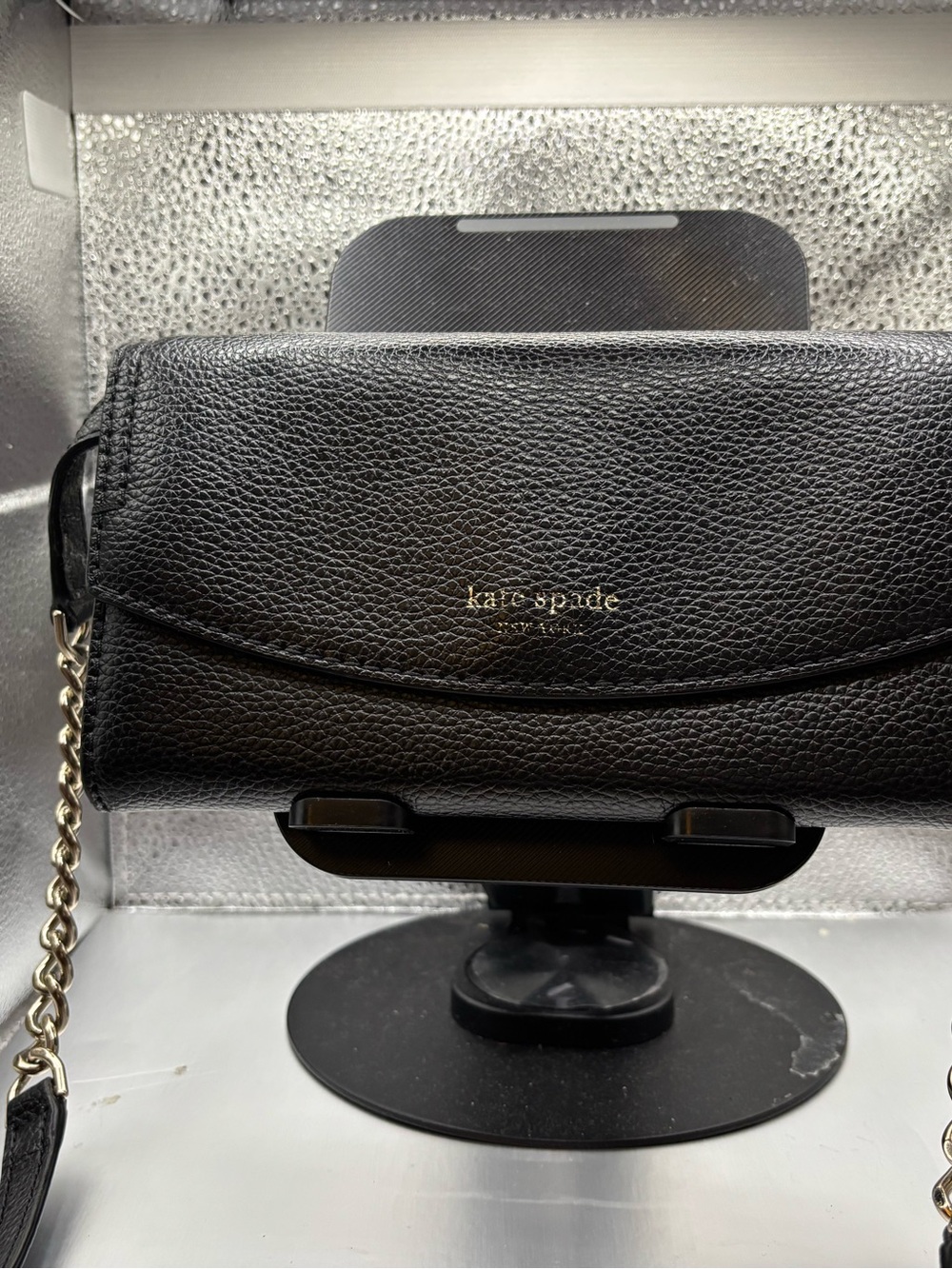 Kate Spade New York Black Pebbled Leather Wallet on Chain Crossbody Clutch Gold